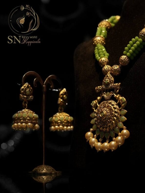 httpssnfancyworld.comwp contentuploads202112NK PR 1008 Lemon Green with Gold Pearl beaded Long Chain set